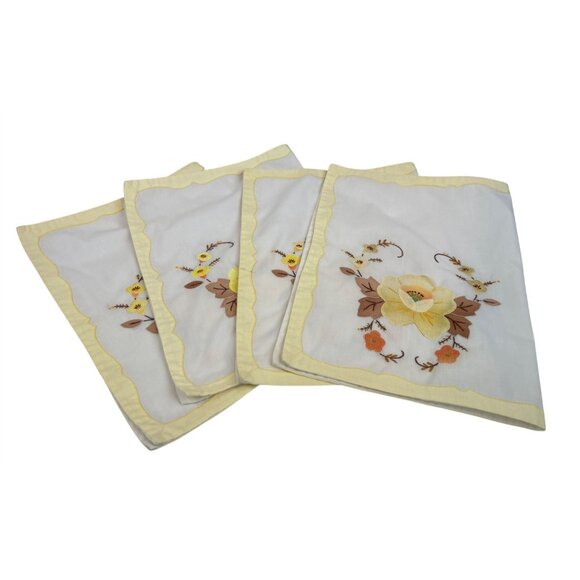 Vintage Hand-Embroidered Floral Linen Placemats Set Of 4 Yellow Brown Orange - Picture 2 of 11